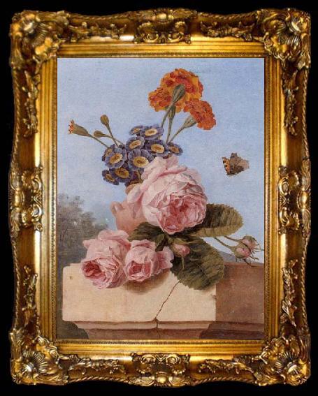 framed  unknow artist Still life of roses,carnations and polyanthers in a terracotta urn,upon a stone ledge,together with a tortoiseshell butterfly, ta009-2